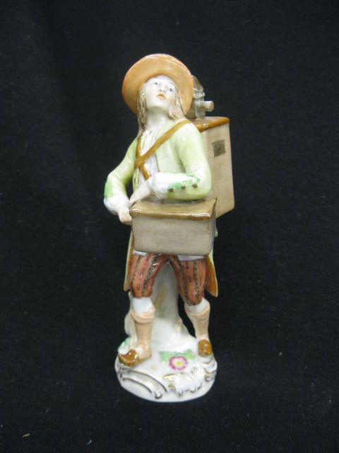 Meissen Porcelain Figurine of a Musician: with organ grinder, crossed swords mark, from Cries of Paris series, 6" tall, excellent