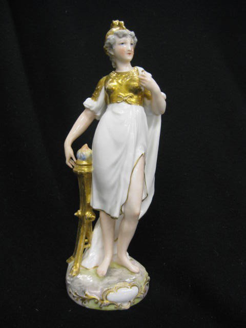 Meissen Porcelain Figurine of Young Woman in garde: in garden, 8-3/4", crossed swords, excellent