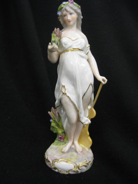Meissen Porcelain Figurine of Young Lady with catt: with cattails, 9" tall, crossed swords, excellent