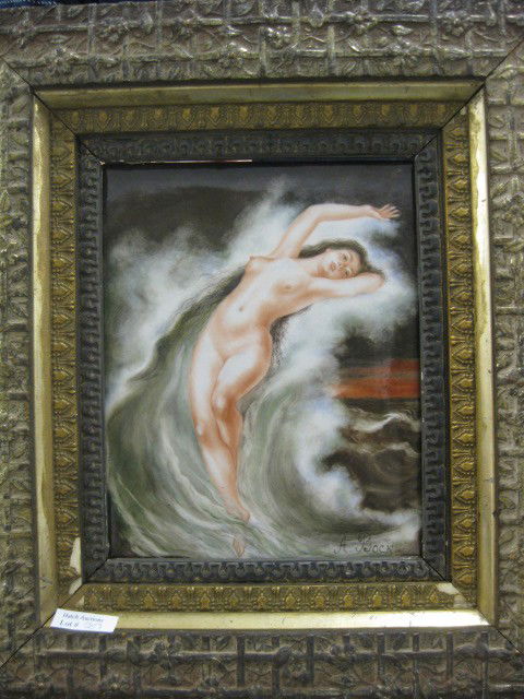 K.P.M. Painting on Porcelain of Nude in wave, by: wave, by A. Bock, image area 8" x 10", sceptor mark, excellent