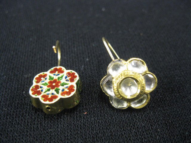 Rose Cut Diamond Earrings, enameled 22k gold mogu: gold mogul style, 14k wires, floral setting, 5/8" diameter, 7.3 grams