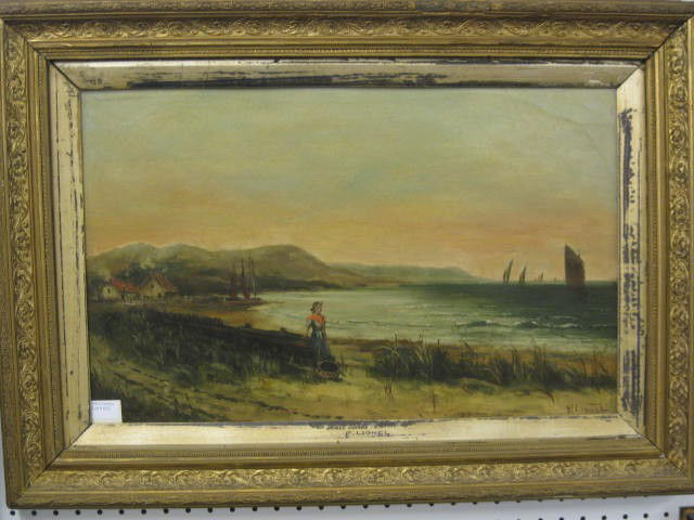 Percy Lionel, Oil, "Hall Sands, Devon", lady looki: looking at sea as ships sail off, image area 15" x 24", listed artist, circa 1890, gilt frame