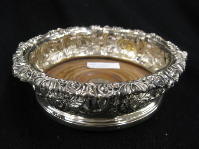 Georgian English Sterling Wine Coaster, hallmarked: hallmarked, 6" diameter, wood lined, lacquered, circa 1800