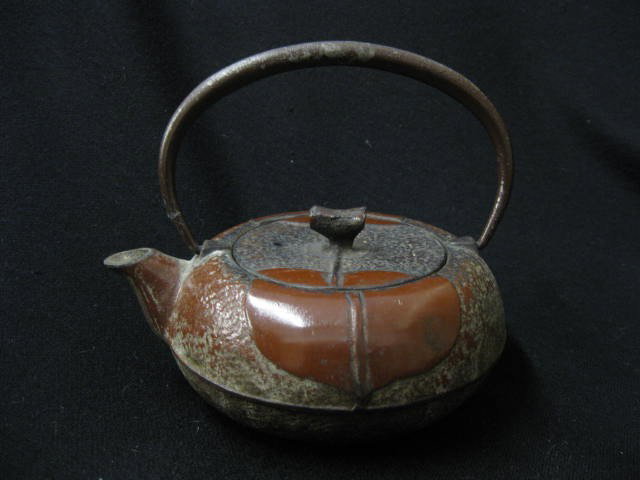 Oriental Iron Teapot, bronze trim, signed at handl: bronze trim, signed at handle, 4 1/2".