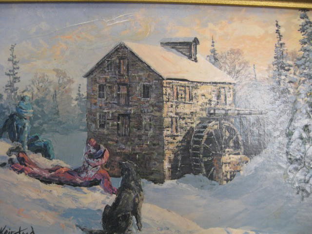 James L. Keirstead, Oil, "Christmas Time at the: old grist mill, black creek village in Toronto", on board, image area 5" X 7".....James Lorimer Keirstead was born in Saint John, New Brunswick in 1932. He grew up in Ontario from the age of two, in T
