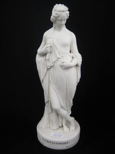 Parian Statue of Lady "Terpsichore",: 14" tall, 19th century, loss at hand... TERPSIKHORE (or Terpsichore) was one of the nine Mousai (Muses), the goddesses of music, song and dance. In late classical times, when the Muses were assigned s
