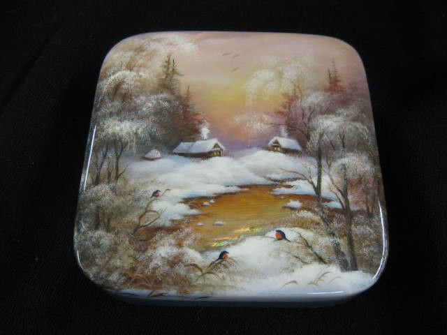 Russian Lacquerware Box, superb winter landscape: superb winter landscape with abalone stream, 3 1/2" square, signed, excellent.