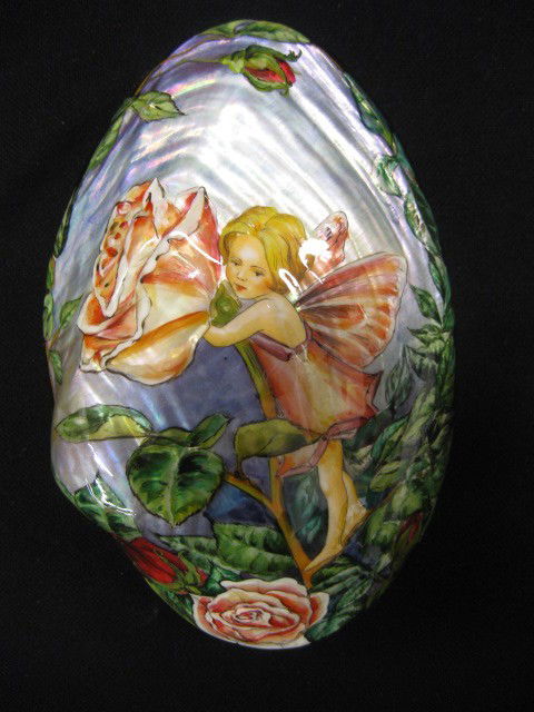 Russian Lacquerware & Abalone Box, fairy and flor: and floral decor, natural shell top, artist signed, 8" x 5", excellent