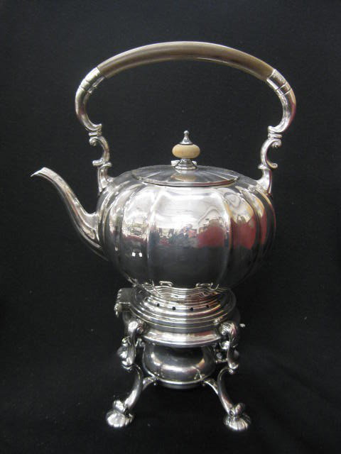 Reed & Barton Silverplate Hot Water Kettle on stan: on stand, with burner, melon ribbed, footed, 13 1/2" tall.