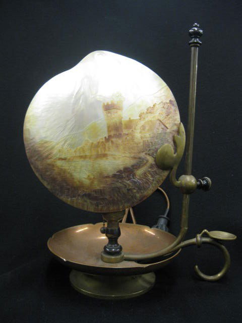 European Carved Abalone Shell Lamp, chamberstick s: chamberstick style, shell shade has village & castle scene, 11" tall, electrified.