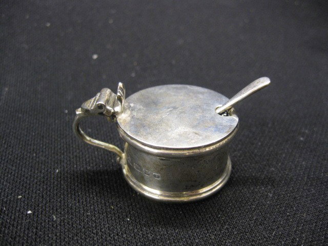 English Miniature Sterling Silver Salt Cellar, wi: with lid & spoon, cobalt liner, handled, 1" tall, 1-1/4" diameter, excellent