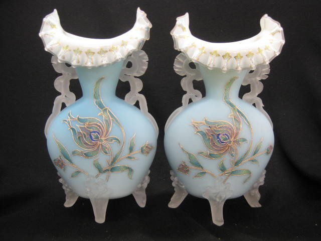 Pair of Victorian Enameled Satin Art Glass Vase, f: floral on blue body, opalescent interior, clear handles & feet, attributed to Webb, circa 1880, 9 3/4" tall, excellent.