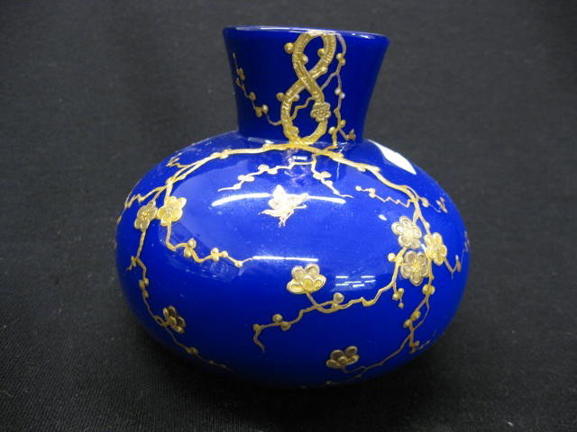 Webb Art Glass Vase, enameled butterfly & floral o: enameled butterfly & floral on rich blue, white cased, 4 1/2", unsigned, excellent.