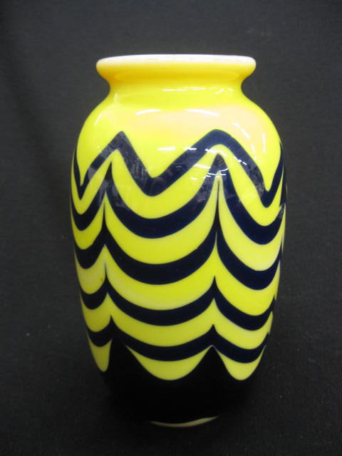 J. R. Gary, Penland Art Glass Vase, deep blue and : deep blue and yellow drapery design, signed, 7", excellent, signed and dated 1973.