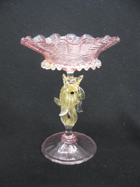 Venetian Art Glass Compote, figural dolphin stem, : figural dolphin stem, light cranberry with clear & mica stem, 6 1/4" tall, excellent.
