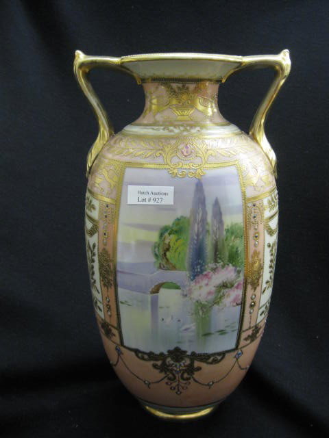 Nippon Handpainted Porcelain Vase, swans on lake i: swans on lake in panel decor, fancy jewel and garland trim, extensive gold work, signed, 14 1/4" tall, light gold wear.