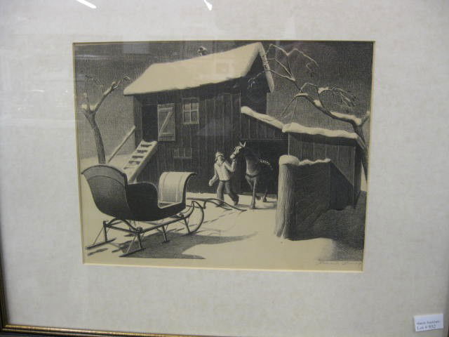 Grant Wood, Lithograph, "December Afternoon", 1940: 1940, pencil signed, from edition of 250, AAA edition, image area 9-1/2" x 12"... One of the major American Regionalist painters along with Thomas Hart Benton and John Steuart Curry, Grant Wood was bo