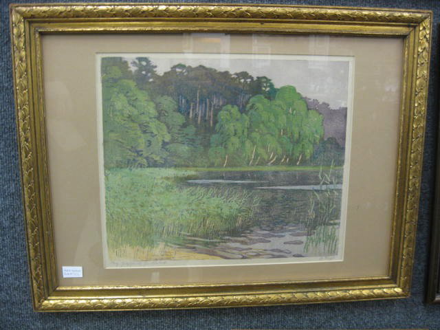 Helene Mass Woodblock Print, landscape with lake,: lake, image area 14-3/4" x 12-1/2", pencil signed. Helene Mass was born on the 1st of April 1871 in Schönlankein in what is now Poland, but during most of her life was part of Prussian Germany. Mass 