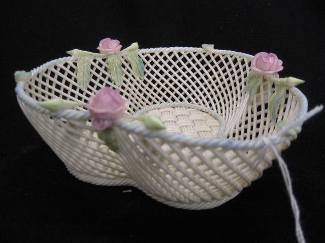 Irish Belleek Porcelain Basket, clover form,: clover form, applied floral, excellent, 6 1/2" across, 2 3/4" deep..If necessity is the mother of invention, then luck must be its father! And who would know this better than the Irish? The unique min
