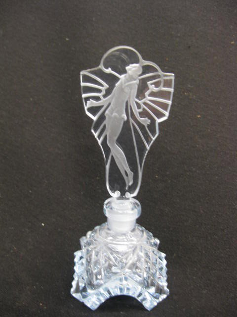 Czechoslovakia Alexandrite Art Glass Perfume Bottl: Bottle, deco style lady intaglio stopper, 5 1/4", signed Pesnicak, excellent.