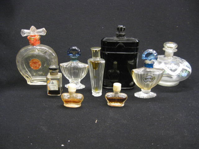 9 Perfume Bottles; includes miniatures, Guerlain,: includes miniatures, Guerlain, enameled, boxed & more, 1 1/2" to 4 1/4", estate mixture.