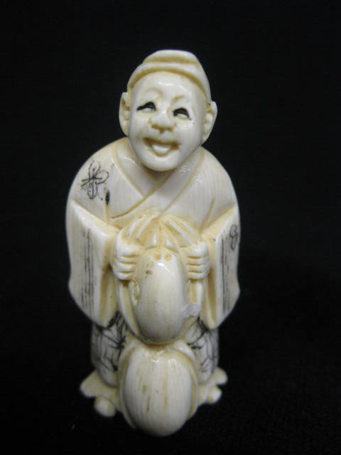 Carved Ivory Netsuke of a Man, holding a gourd, 2: gourd, 2", signed, excellent