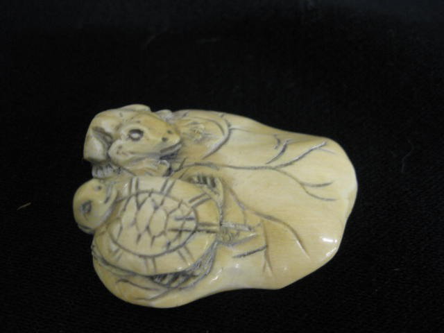 Carved Ivory Netsuke, frog & turtle on a lily pad: 1-1/2", signed, excellent