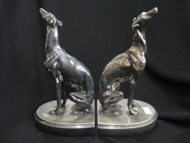 Pair of Jennings Brothers Whippet Silverplate: Bookends, or Greyhounds, deco era, 10 3/4", excellent..JB’s timely and expensive production techniques relied on the talent and handwork of expert artists, sculptors and metal craftsmen. This did no