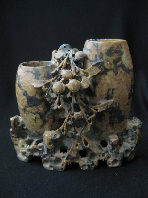 Chinese Carved Soapstone Vase, double, berry deco: berry decor, 7", excellent