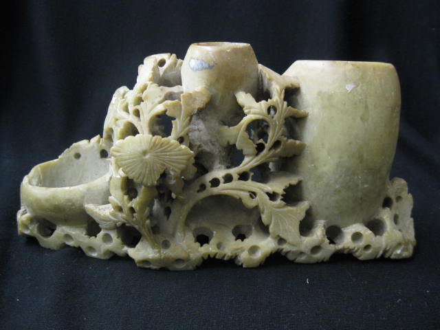 Chinese Carved Soapstone Vase, floral decor, trip: decor, triple vase, 4-1/2" x 9-1/2", some chips