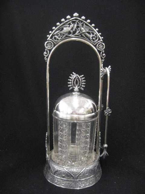 Victorian Silverplate Pickle Castor, panel & rib: panel & rib insert, with tongs, by Pairpoint, 12" tall.