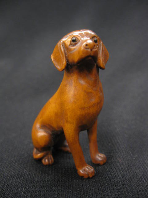 Carved Boxwood Netsuke of a Dog, seated, 2-1/4", : 2-1/4", signed, excellent