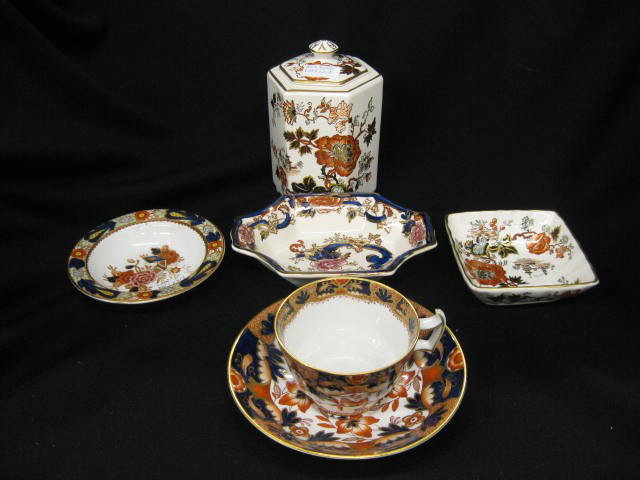 6 pcs. Imari Style English Ironstone, mostly Maso: mostly Masons; includes tea caddy, dishes, cup & saucer, excellent.