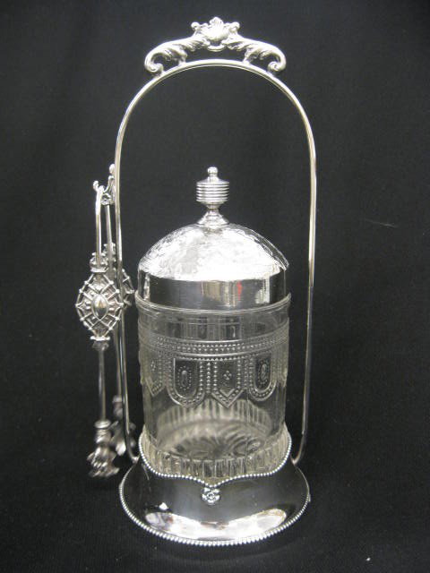 Victorian Silverplate Pickle Castor, fancy patter: fancy pattern glass insert, with tongs, 10 1/2", by Pairpoint.