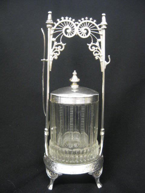 Victroian Silverplate Pickle Castor, zipper patte: zipper pattern insert, 11", with pickle fork, by Middletown.