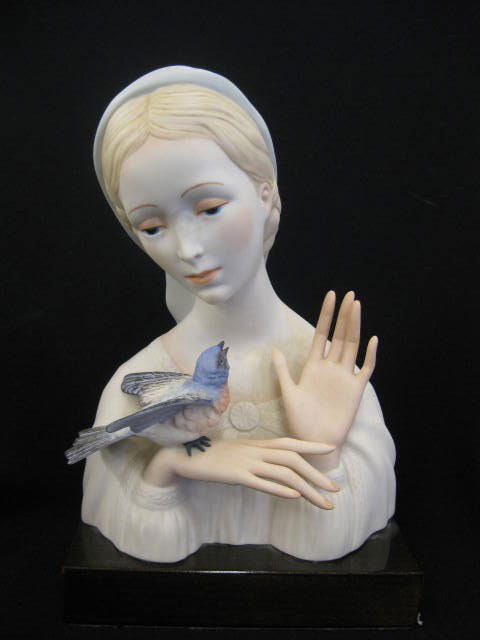 Cybis Porcelain Figurine of Lady & Bird, wooden b: wooden base, 11 1/2" tall, excellent.