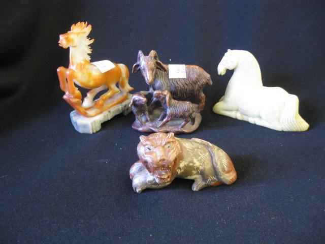 4 Chinese Carved Soapstone Animal figures, includ: figures, includes horses, goats & lion, mostly 4" tall