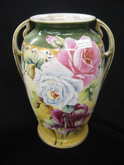Nippon Handpainted Porcelain Vase, rose decor,: handled, 11-1/2" tall