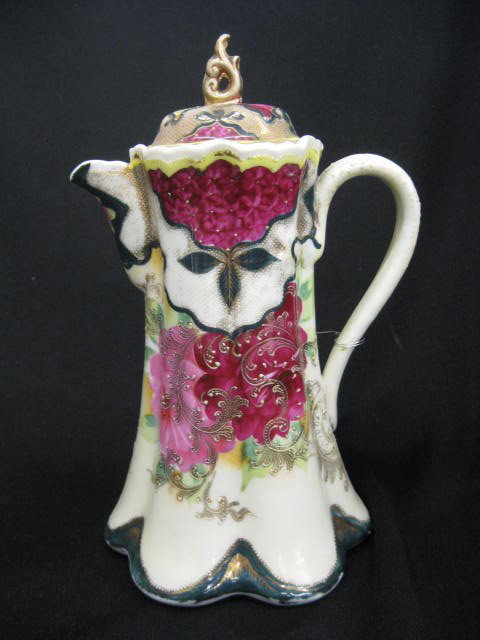 Pre-Nippon Porcelain Chocolate Pot,: fancy floral & gold, 10".