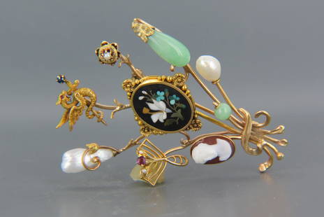 Antique 14K Gold Brooch with Pietra Dura Medallion: along with jade, pearls, cameo, figural gryphon and more, custom made from a collection of stickpins, overall 2 1/2" X 2", 11.9 grams.