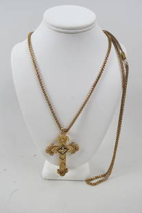 Antique 18K Gold Necklace with 14K Gold Cross,: 19th century, with fine openwork cable design 60" long chain testing and guaranteed 18K gold, having a large Etruscan 14K gold cross pendant measuring 3" X 2", all yellow gold, total 55.4 grams.