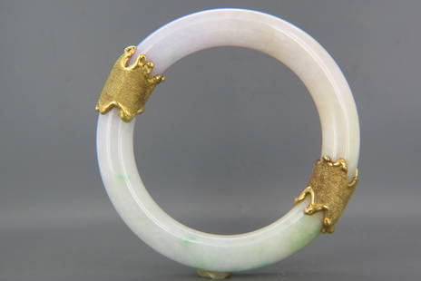 Chinese Jadeite & 18K Gold Bangle Bracelet,: lavender, white and green coloring with heavy textured 18K yellow gold, tested and guaranteed 18K, 11 mm, 7" interior measurement.