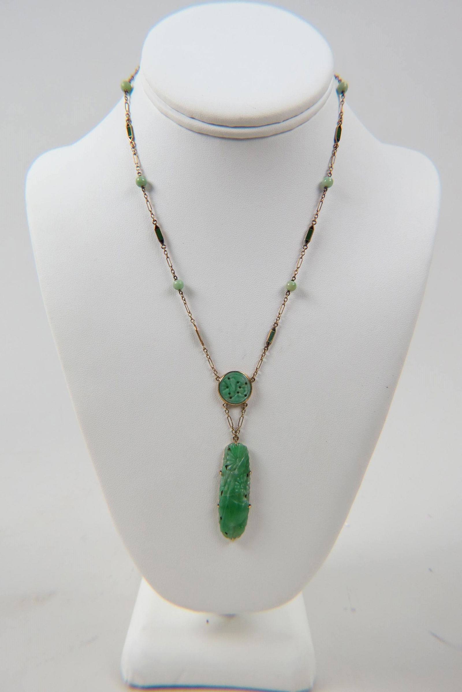 Chinese Carved Jade, 14K Gold & Enameled Necklace, (1 of 8)