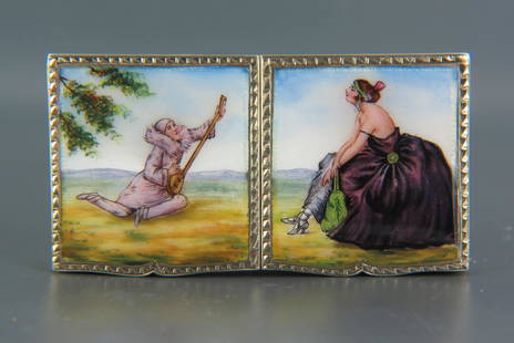 Sterling Silver & Enameled Art Deco Compact,: harlequin playing lute to a seated lady, double hinged lids with inner mirrors, signed Germany, 2 1/2" X 1 1/4", 62 grams, excellent.