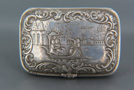 Continental Silver Box with Venetian Scene,: couple in gondola, hallmarked, .800 fine, 72 grams, 2" X 3", late 19th century.