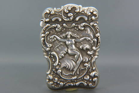 Unger Brothers Sterling Match Safe,: Art Nouveau nude female upon the waves, 2 1/2" X 1 3/4", signed, circa 1890.