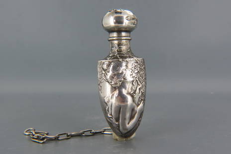 Victorian Art Nouveau Sterling Perfume Bottle,: chatelaine style with female among flowers, artist signed, hinged top, inner glass stopper, 2 1/2" plus chain piece, circa 1890.