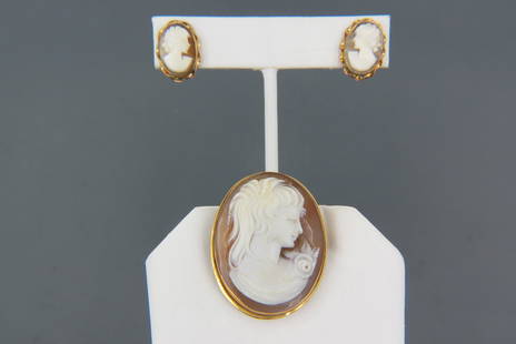 Cameo Brooch & Earrings,: carved shell portraits of females, brooch is 14K gold, 1 1/2" X 1 1/4", the pierced earrings are gold-filled frames and 14K gold posts.