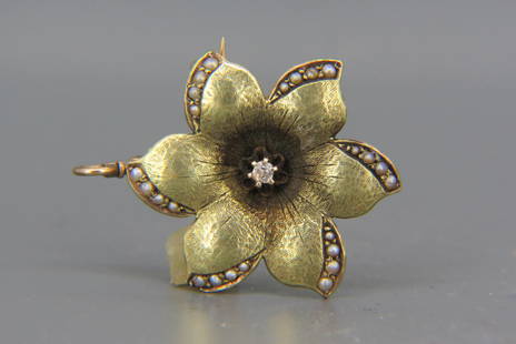 Victorian 14K Gold & Pearl Flower Brooch,: finely textured scarce green color gold front with seed pearls on leaves, diamond and center, yellow gold back, pendant loop, 4.6 grams, non-gold catch, 1" diameter, 4.6 grams.