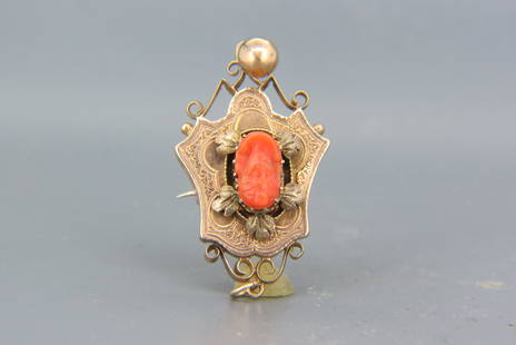 Victorian Cameo & 14K Gold Brooch,: carved coral with portrait of a female, rose color gold frame, non-gold cross pin, 3.4 grams, dangling ball, 1 1/2" long.